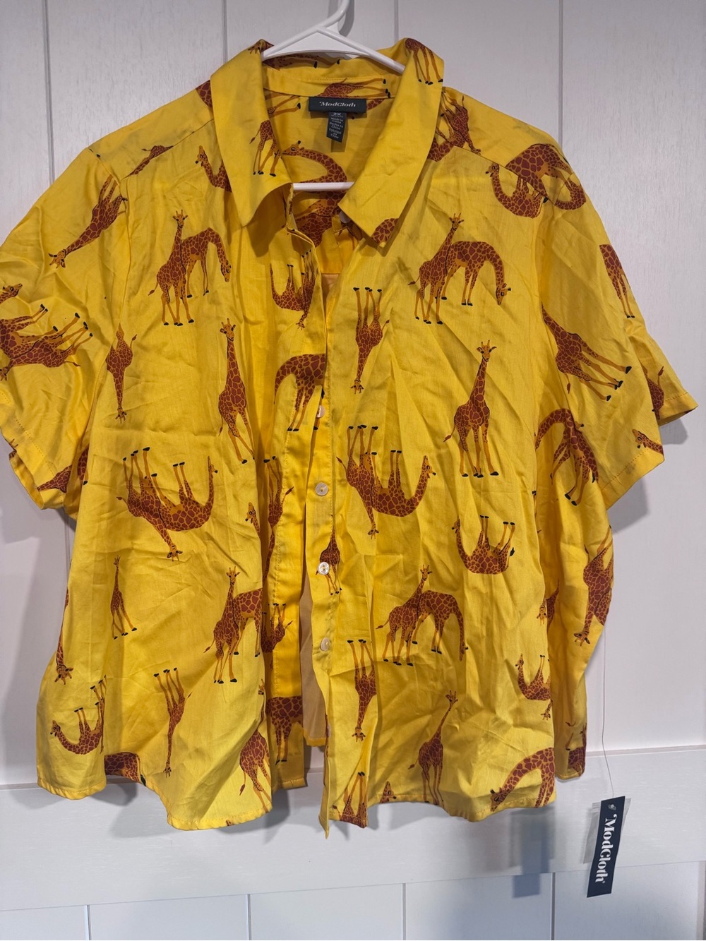 Modcloth Yellow Button-Down Shirt with Brown Giraffe Print